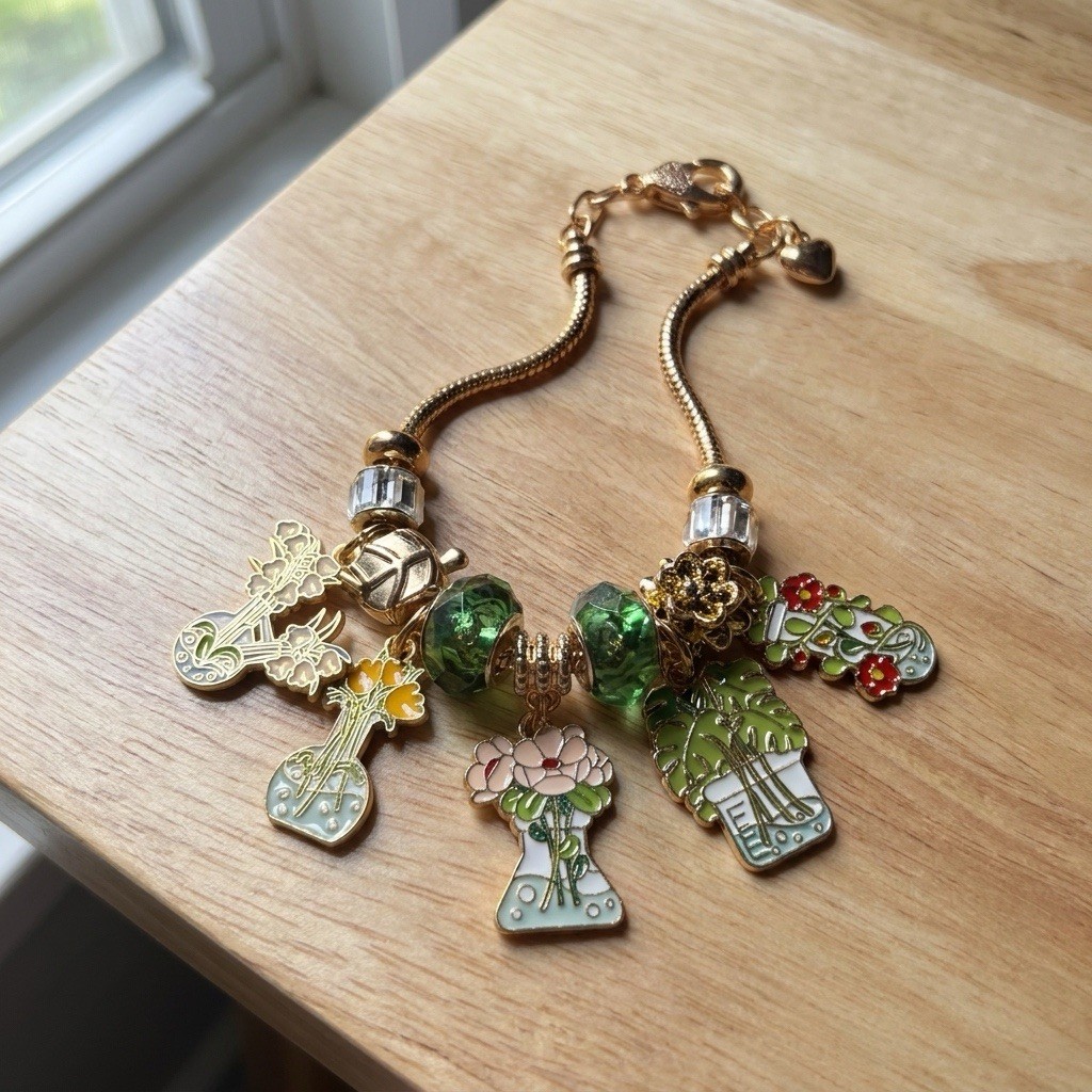 NEW Gold-Tone Snake Chain Charm Bracelet w/Green Beads, Enamel Flower Dangles