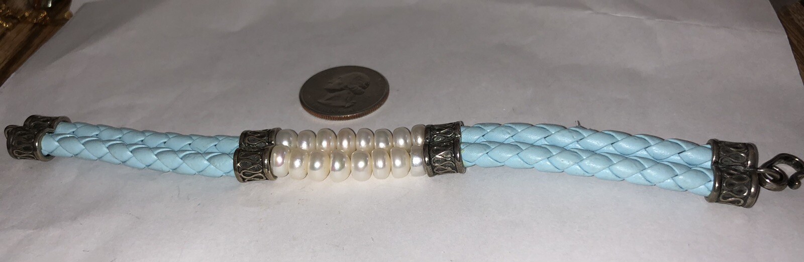 Lovely Baby Blue Braided Leather & Faux Pearls Silvertone Beads 7 1/2”