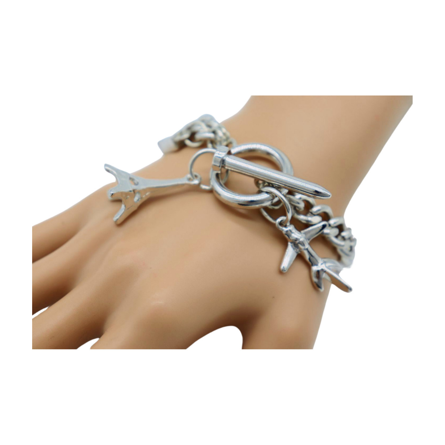 Women Silver Metal Chain Links Wrist Bracelet Airplane Eifel Tower Charms France