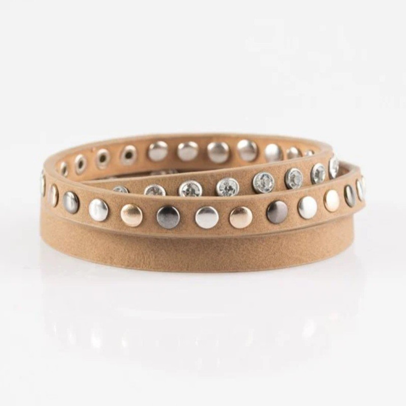 3 Adjustable Faux Leather Wrap Bracelet w/ Clear Crystal Rhinestone Studs