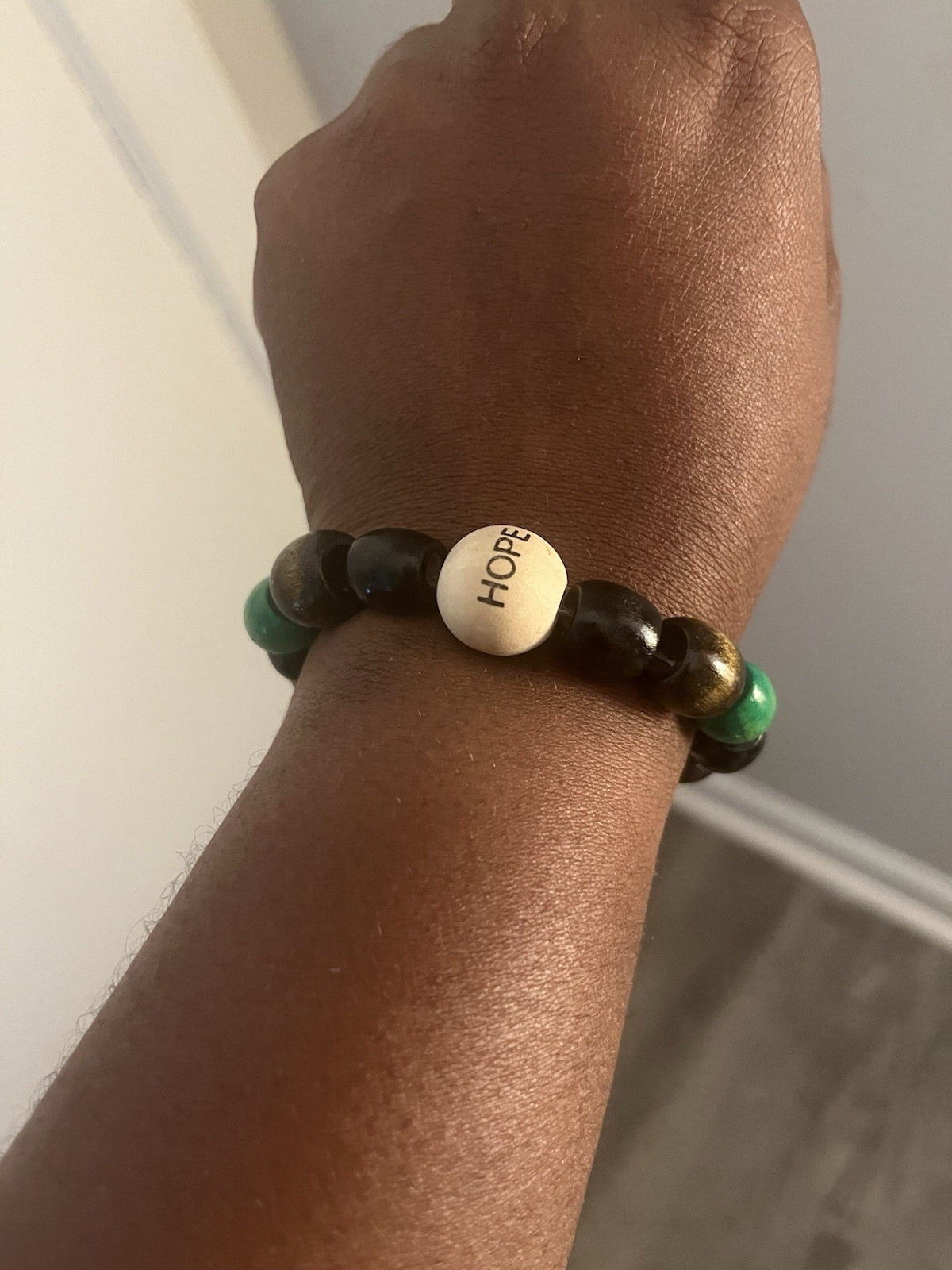 Green Brown Black & White Stone Beaded Stretch Bracelet “HOPE” Bead, Sizable