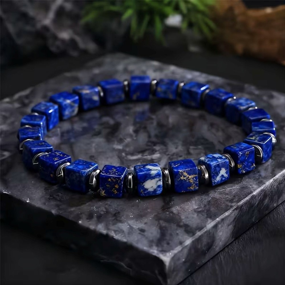 Lapis Lazuli Stretch Bracelet 6mm Square Healing Crystal Gemstone Men’s Jewelry