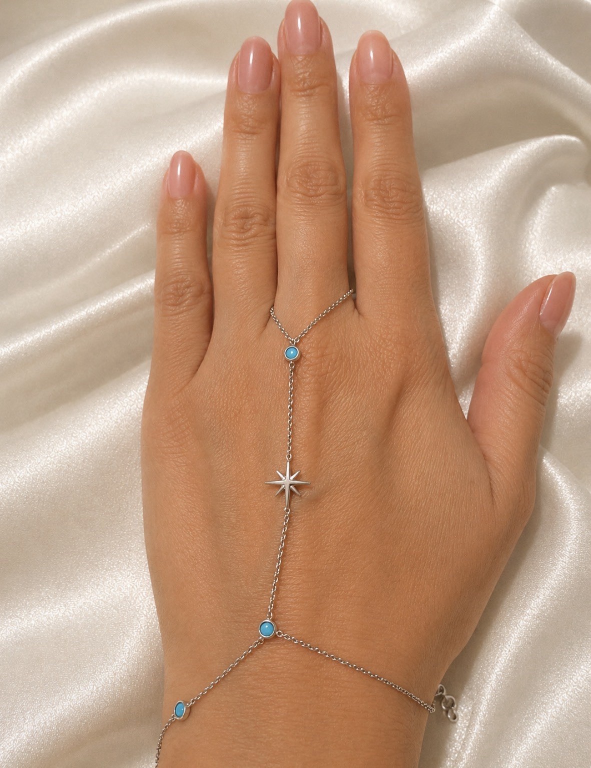 Silver Tone Turquoise Hand Chain Bracelet Star Charm Boho Jewelry