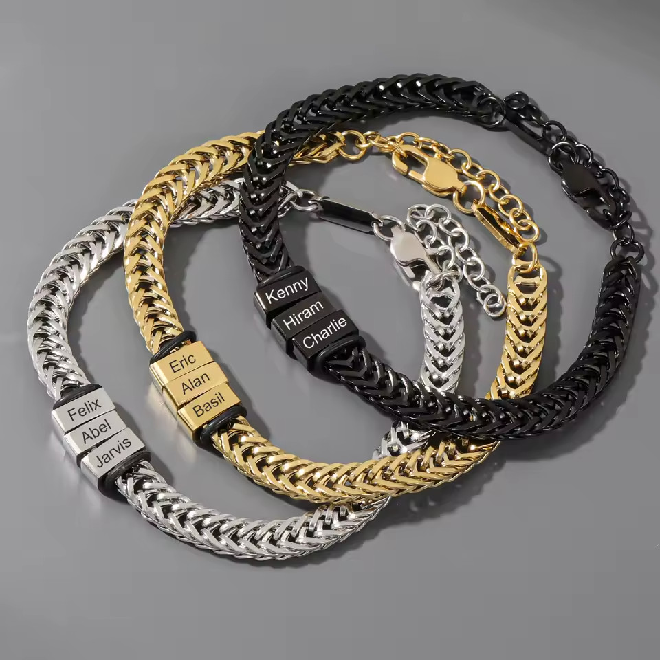 Custom 1-5 Name Bracelet Engraved Jewelry Women Men Gift Gold Silver Black Chain
