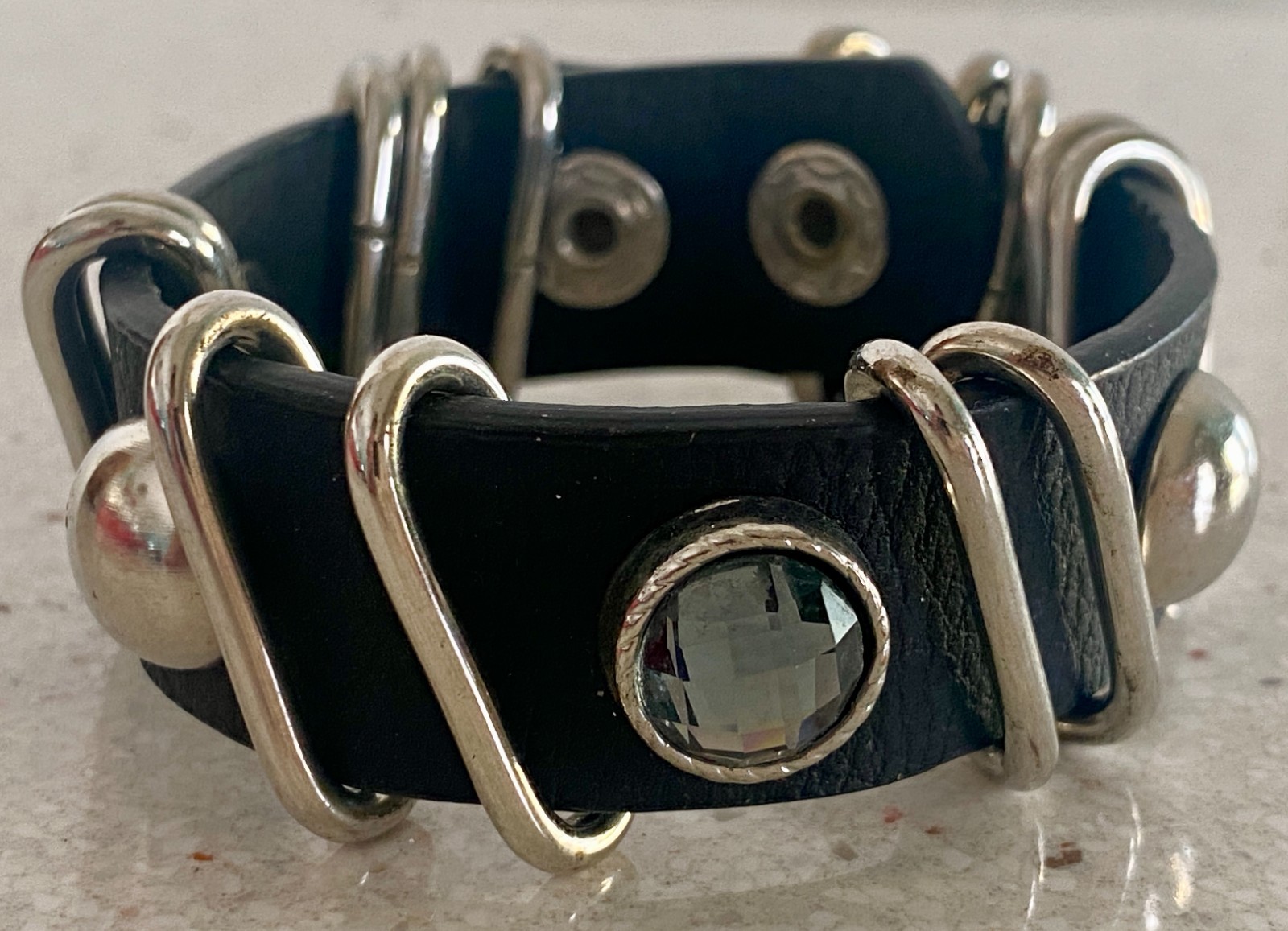 Yik Fung Leather Cuff Snap Bracelet Metal Rhinestone Punk Rocker