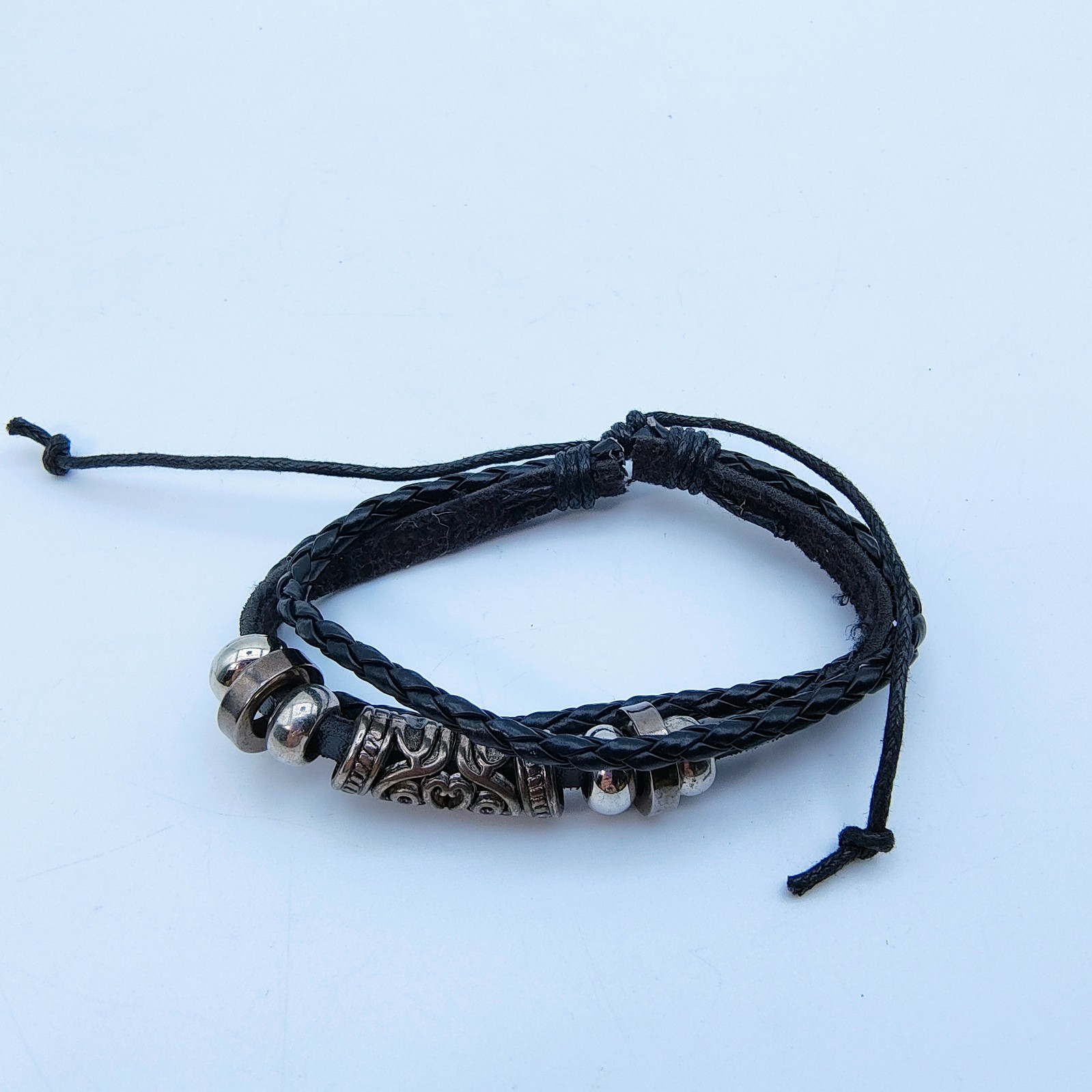 Black Faux Leather Bracelet Set of 2 Silver Tone Scroll Y2K Rock Indie Grunge