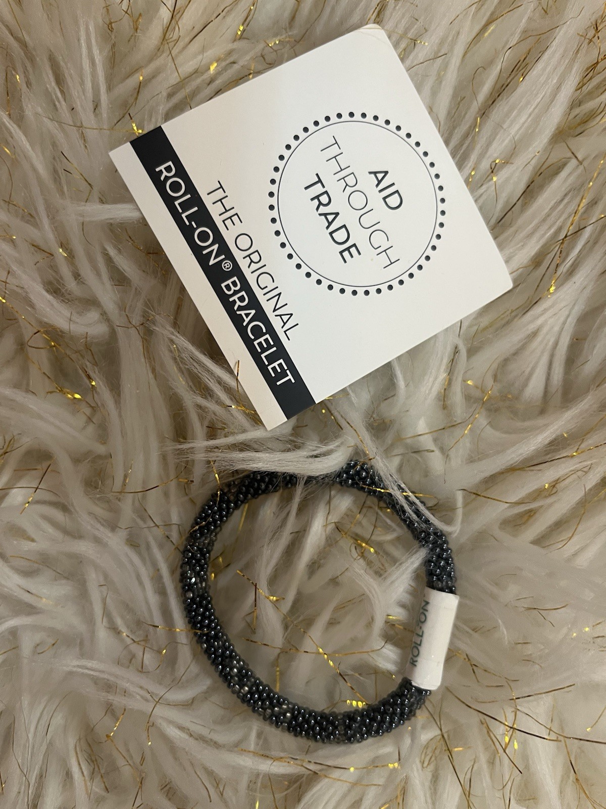 Aid Through Trade Roll-On Bracelet Seed Glass Bead Gray Deep Silver Blue Nepal