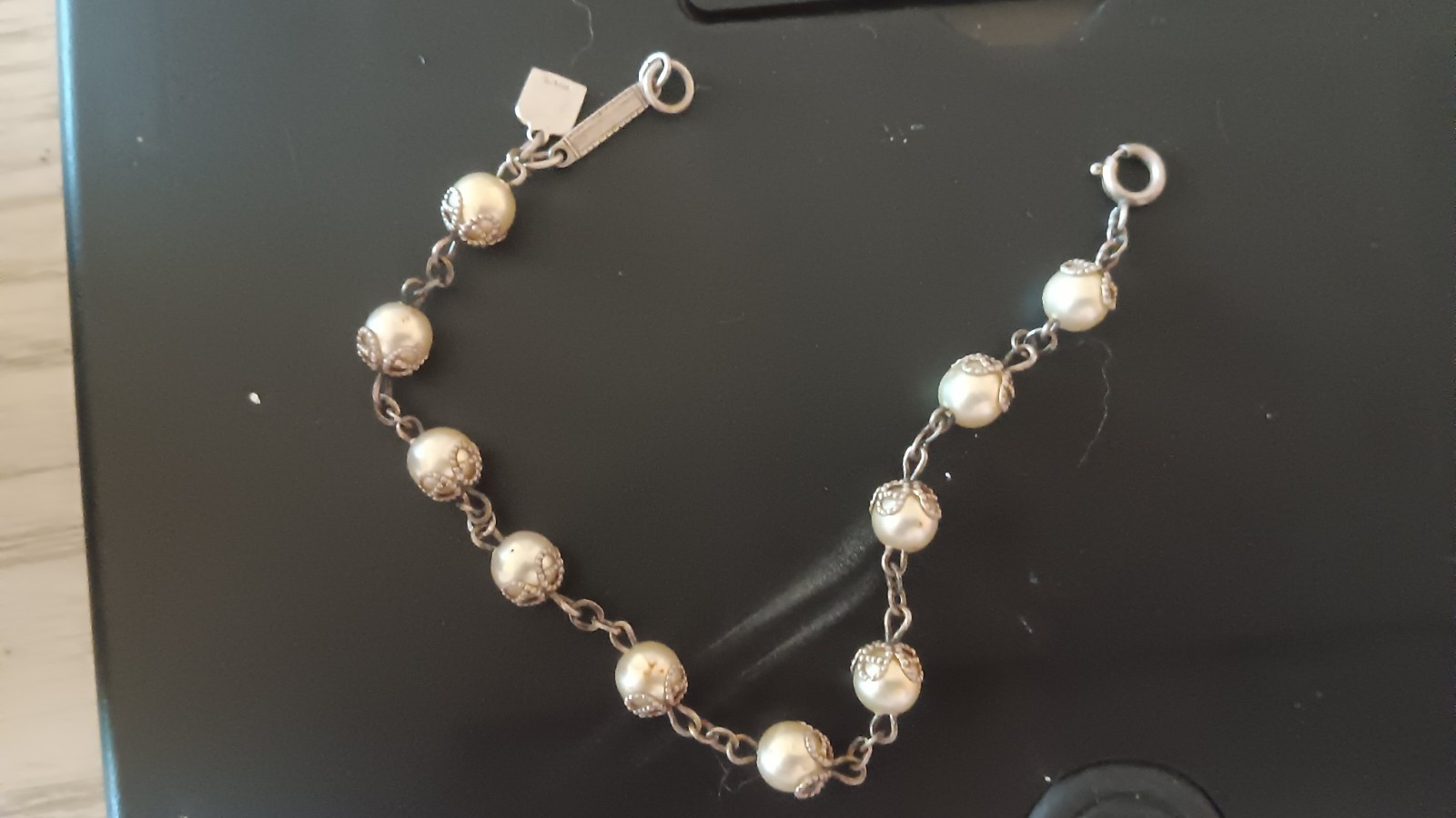 Vintage925 Sterling Silver Bracelet Pearl Beaded Cable Chain Bracelet Charm