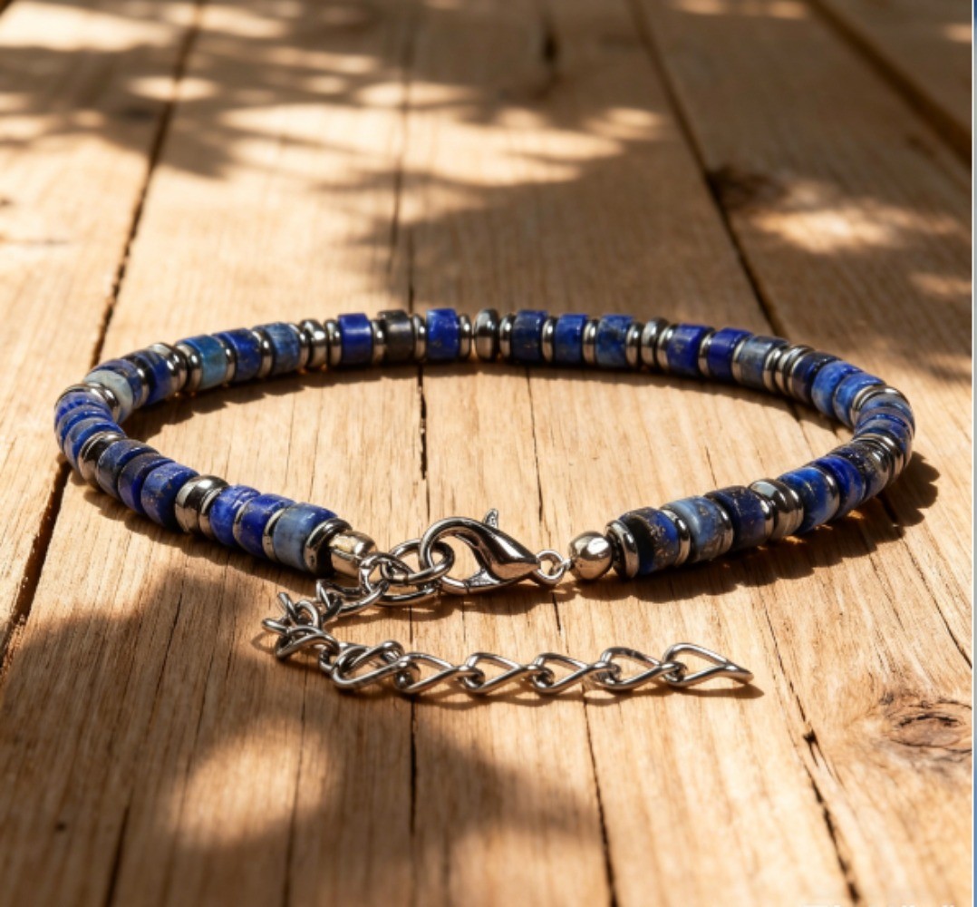 Natural Lapis Lazuli & Hematite Beaded Crystal Healing Reiki Stretch Bracelet