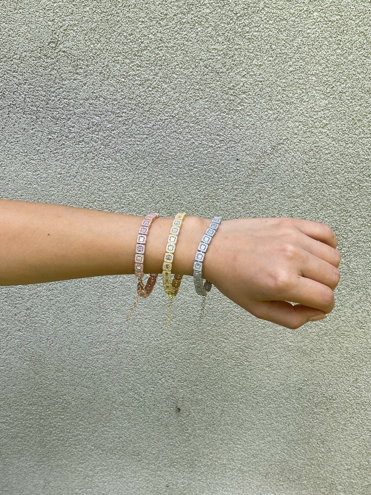 Real 925 Silver Yellow Rose Gold Plated Square Cluster Bracelet Baguette CZ