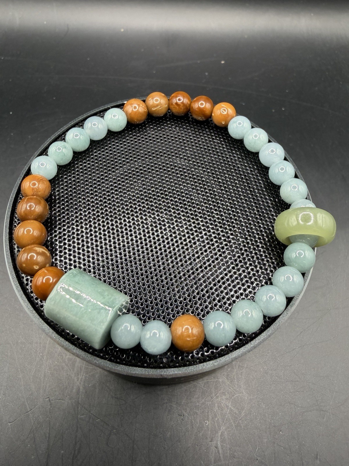 Blue Water Jade Beaded Bracelet – Design with Donut-Shaped, Barrel Charms