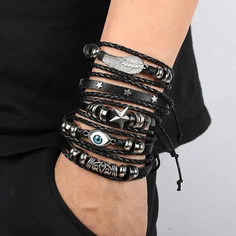 5PCS Punk Leather Bracelet Set Evil Eye Wing Star Beaded Bracelets NEW