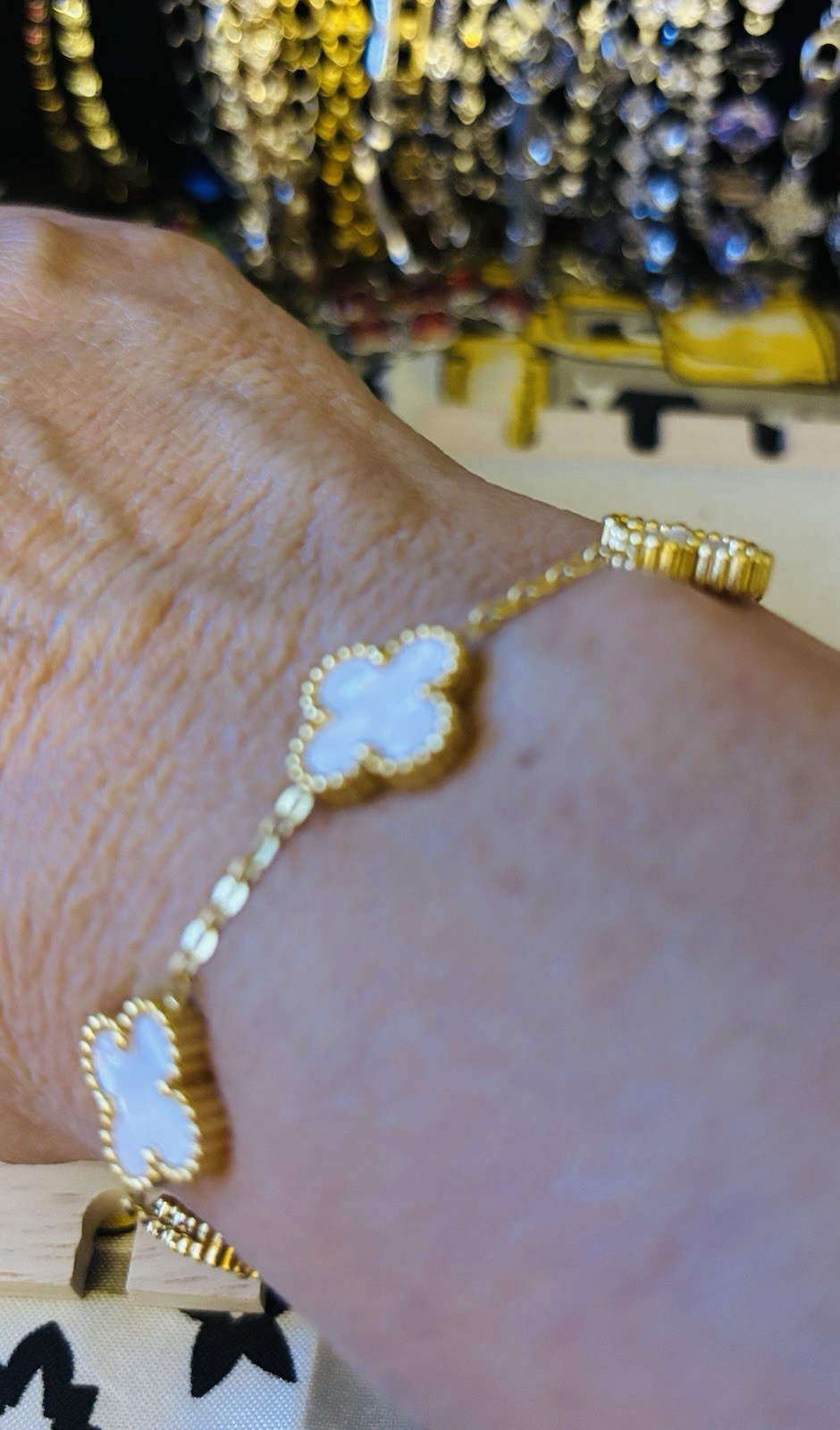 Gold Tone White Mother of Pearl Clover Charm Cable Chain Bracelet, Adjustable