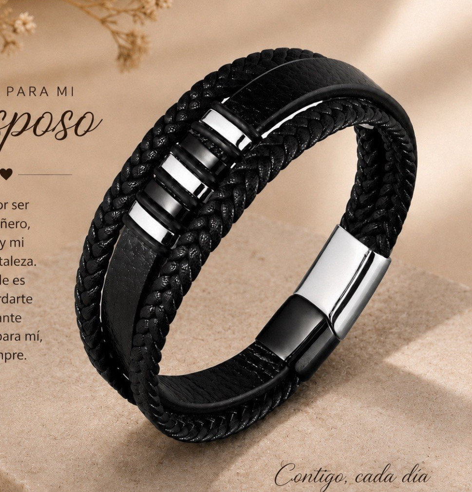 Men’s Black Braided Faux Leather Wrap Bracelet, Magnetic Clasp, Silver Accents