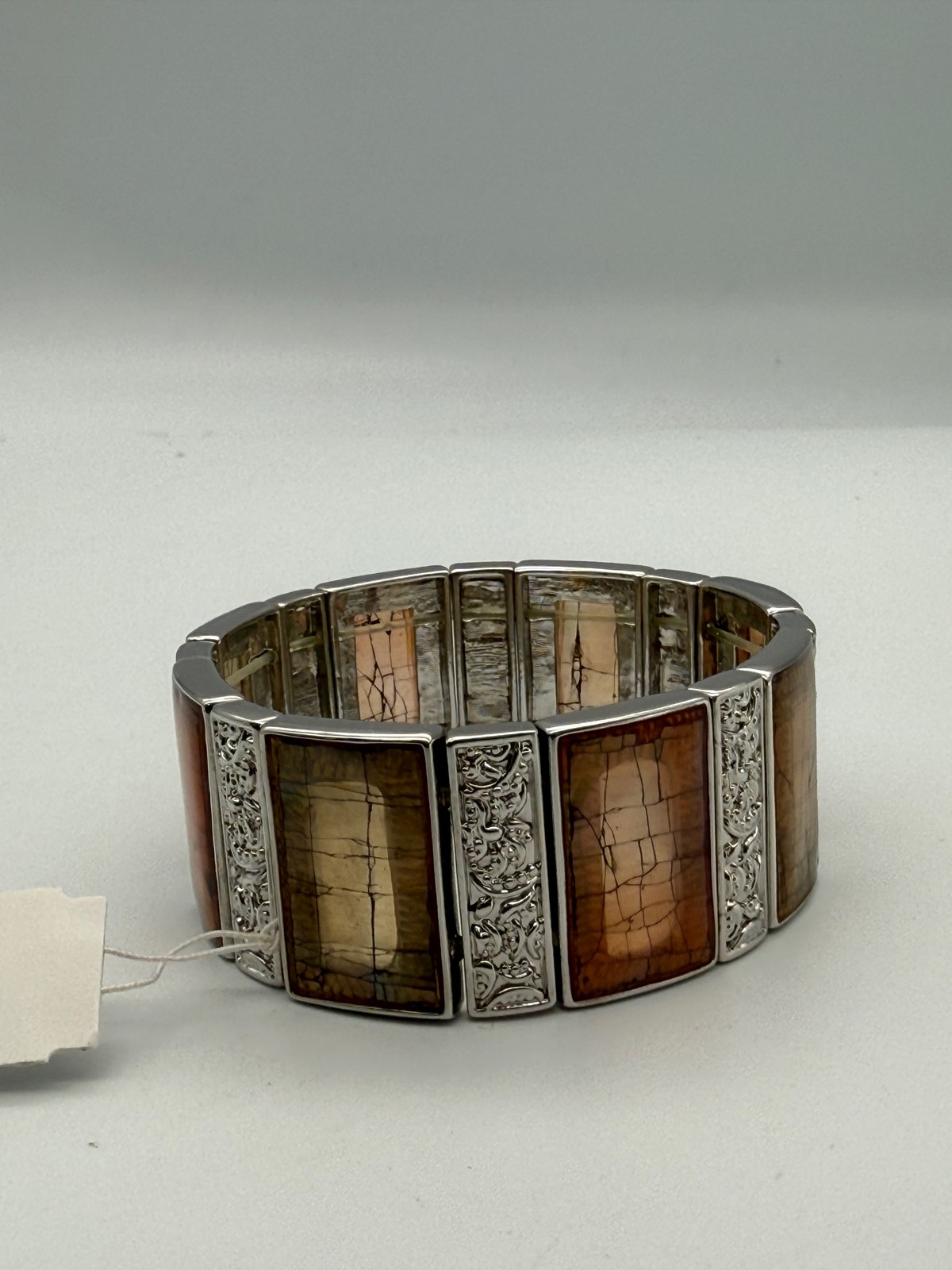 Lia Sophia Wide Stretch Cuff Bracelet Orange Brown Stones Silver Tone NWT