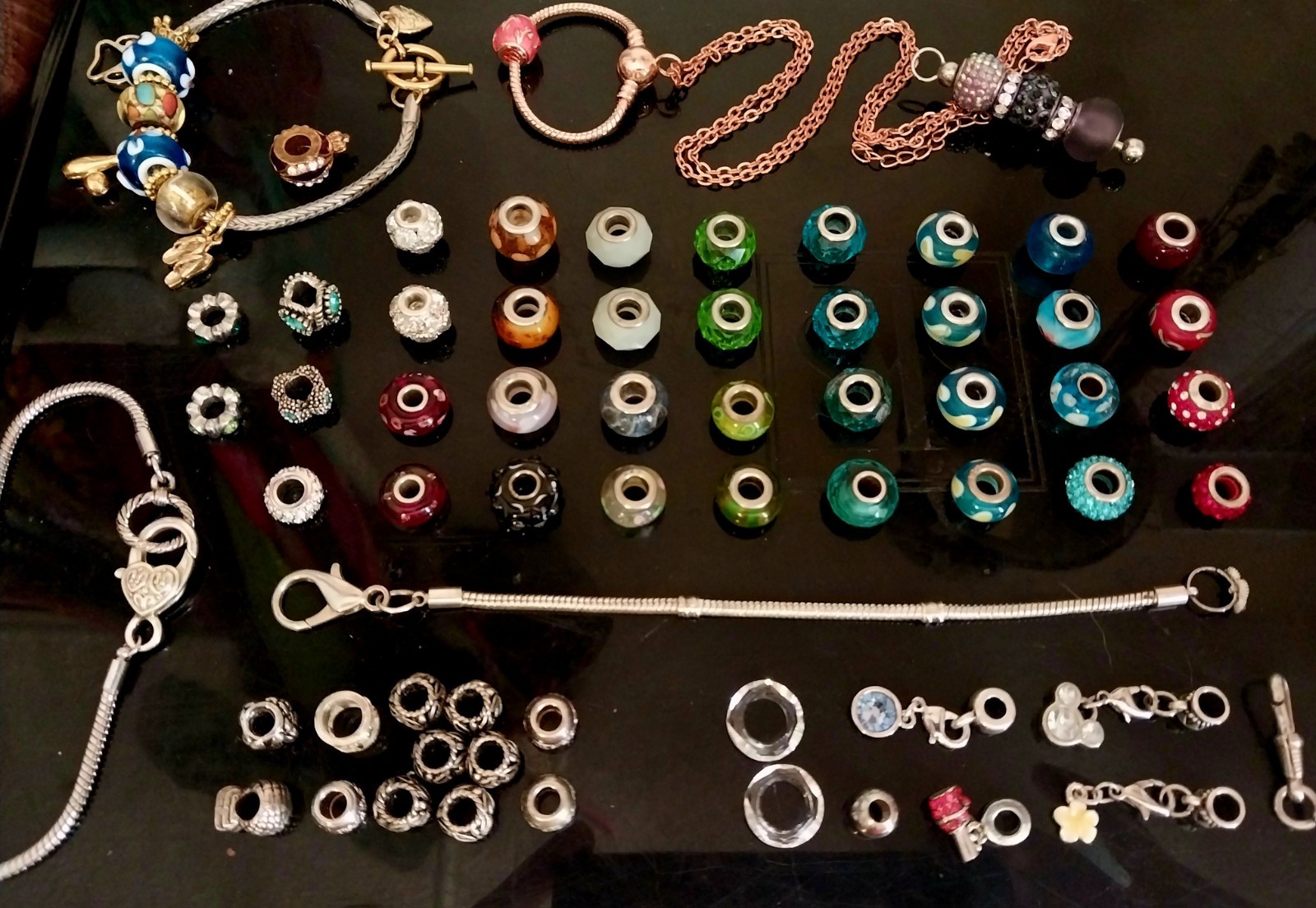 Glass Slide Bead Charms and 3 Bracelets Lot of 75 pcs 925 Murano & Dangle Charms