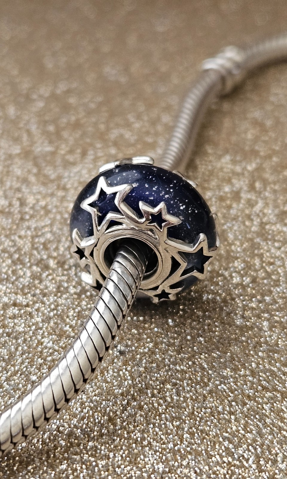 Authentic Pandora Silver Galaxy Blue Stars Murano Charm