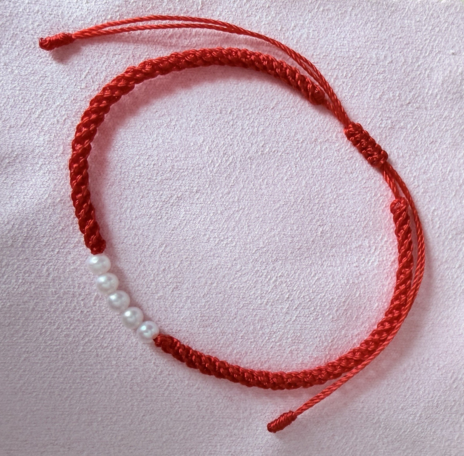 Red Braided Cord Beaded 15 CM Adjustable Slide Bracelet Natural Pearls Handmade