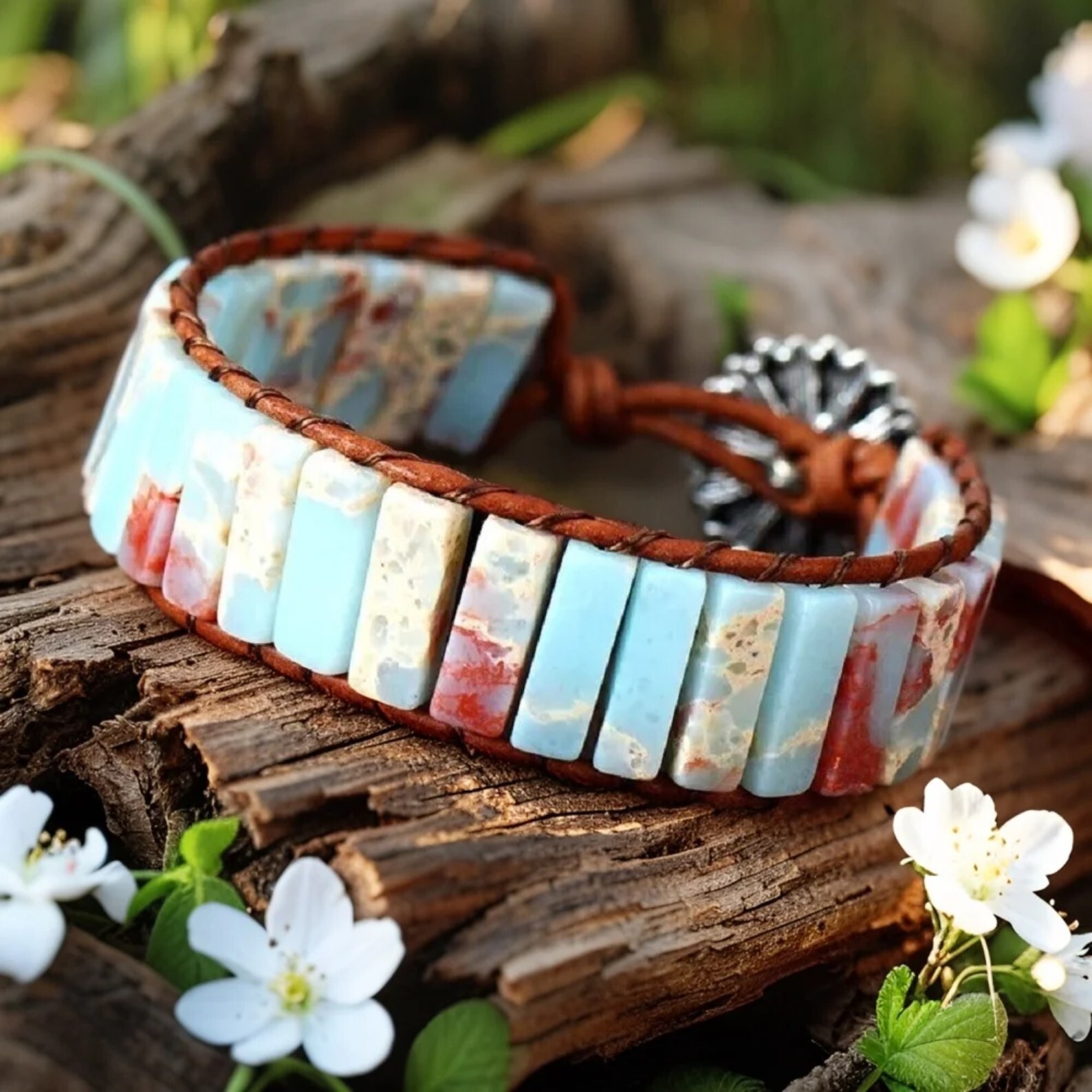 Natural African Opal Tube Stone Braided Gemstone Bracelet Adjustable Boho Gift