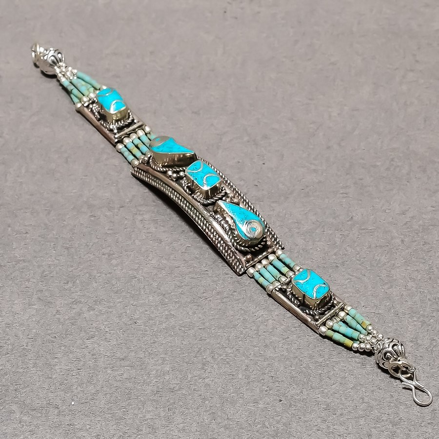 Turquoise Gemstone Bracelet Tibetan Silver Bohemian Nepali Jewelry 7″ NBB 3235