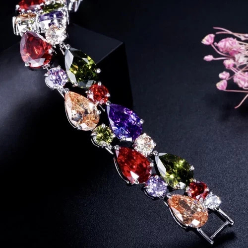 18k White Gold Filled Multicolor Tennis Bracelet Made Simulated Diamond 7.5 Inch