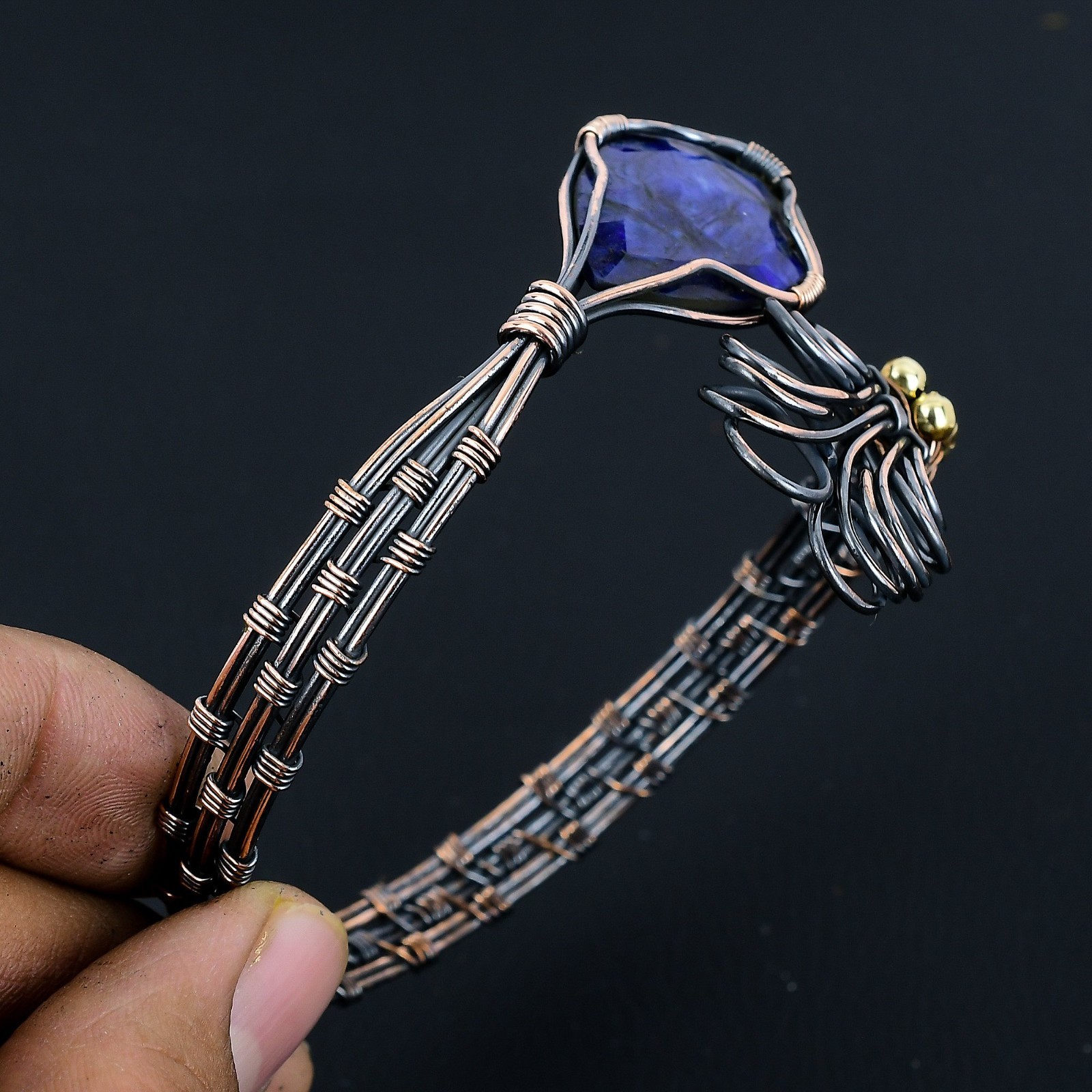 Lab-Created Blue Sapphire Handmade Gemstones Copper Wire Wrap Adjustable Bangle