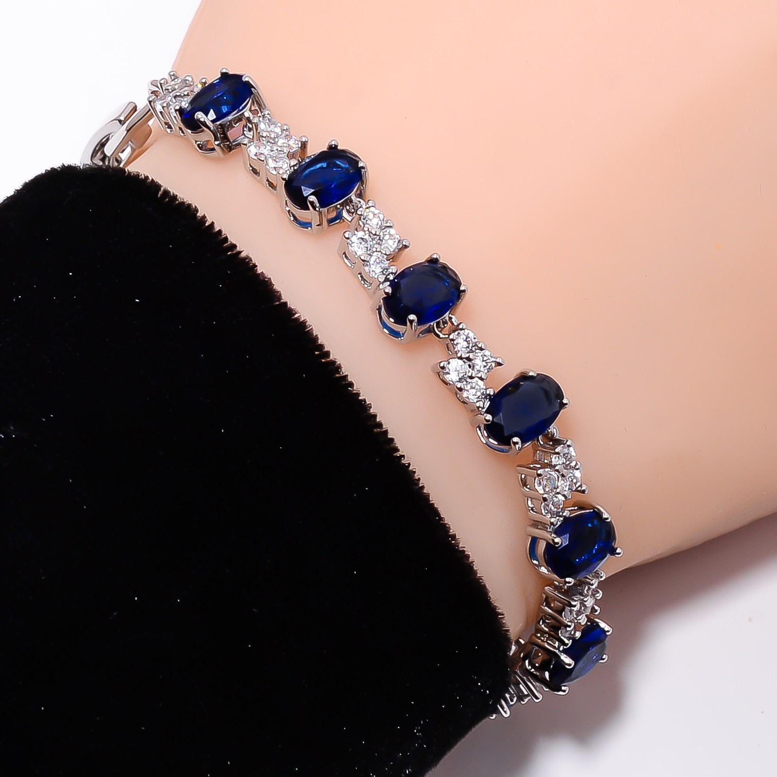 Blue Sapphire -Simulated, CZ 925 Sterling Silver Adjustable Bracelet 7-8″ B1510