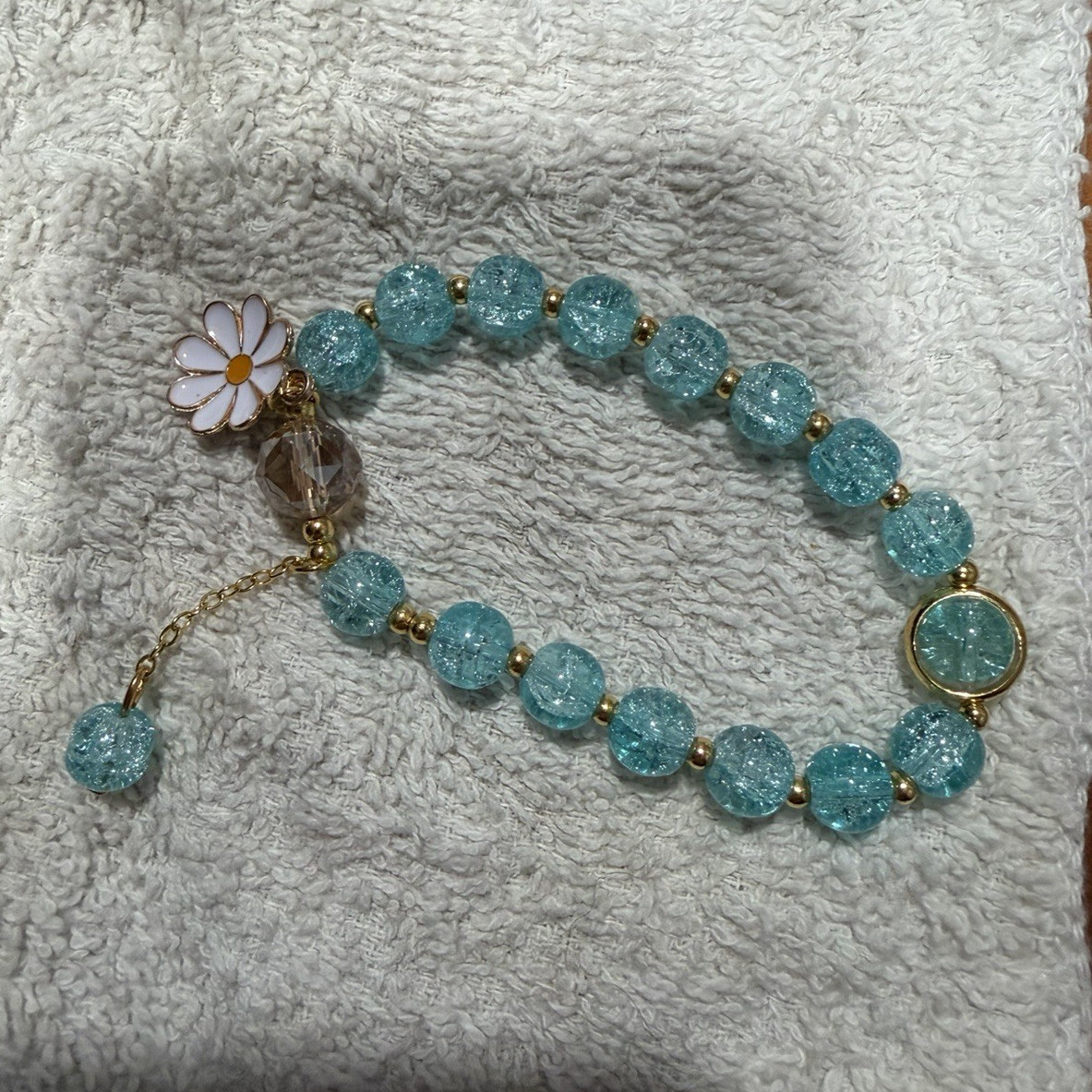 Blue Beaded Charm Bracelet w/ Round Beads, Flower Theme, Dangle Charm