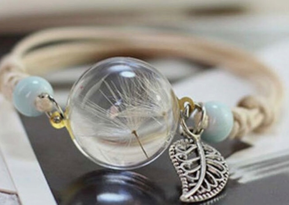 Dandelion Cabochon Glass Crystal Ball Boho Bracelet Adjustable Cord