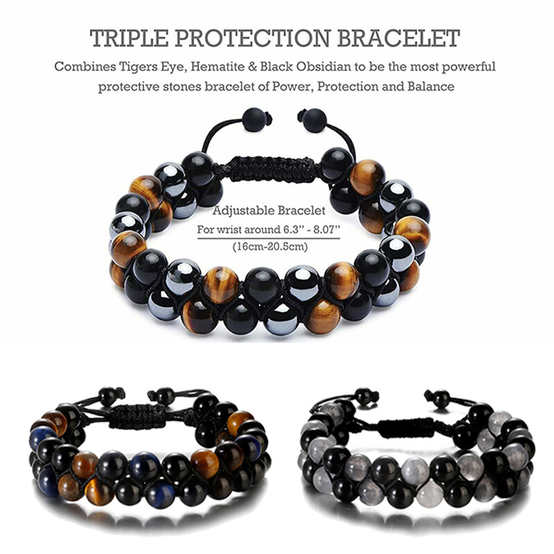 Triple Protection Bracelet Tiger Eye Obsidian Hematite 8mm Beads Bracelet Unisex
