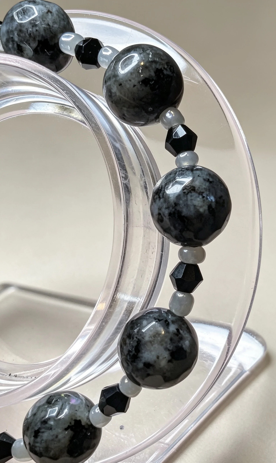 Handmade Beaded BraceletlLarvikitie Stone Black Crystal Grey Glass. Unisex Goth