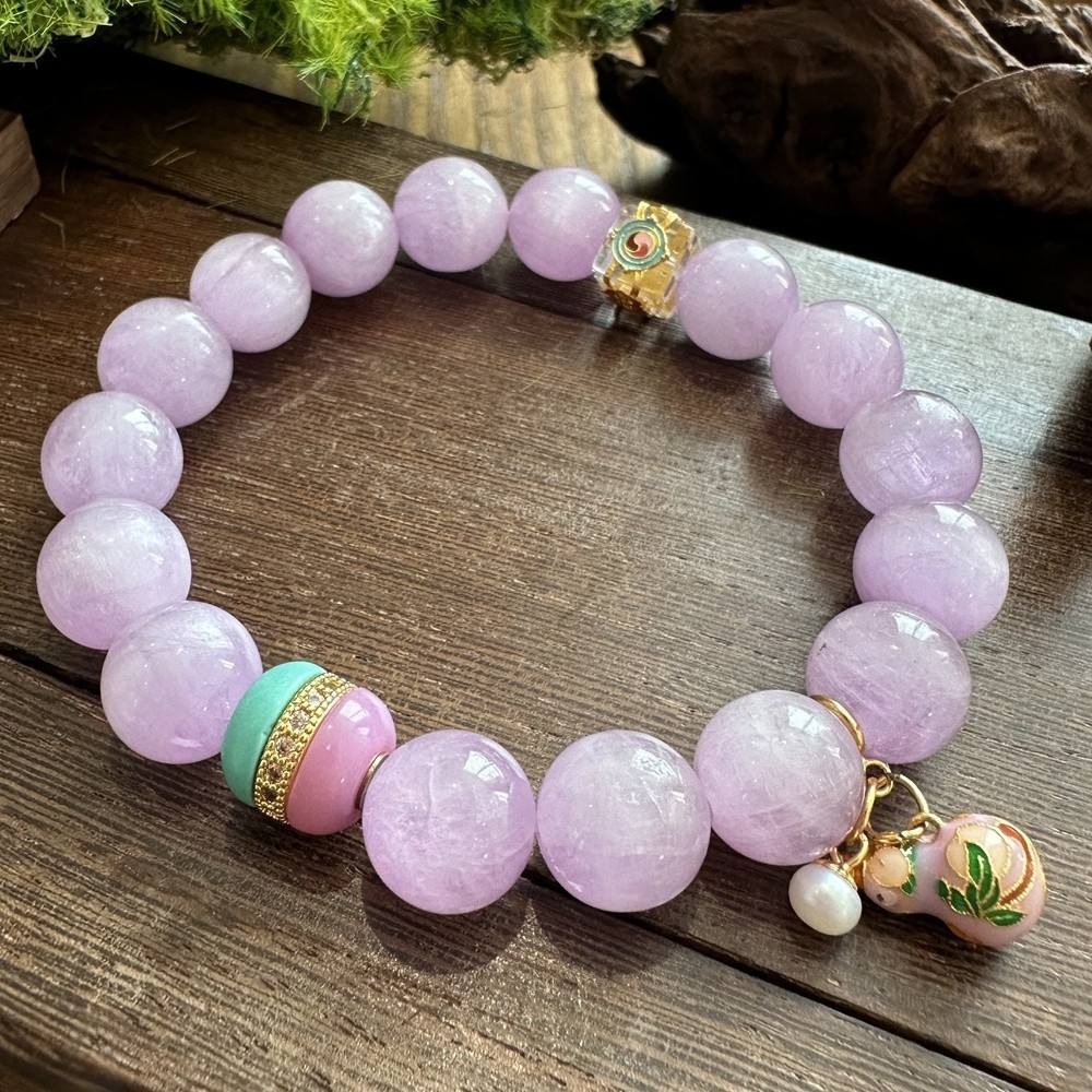 Natural Kunzite Pink Bracelet Gold Plated Five Elements Feng Shui Healing Stone