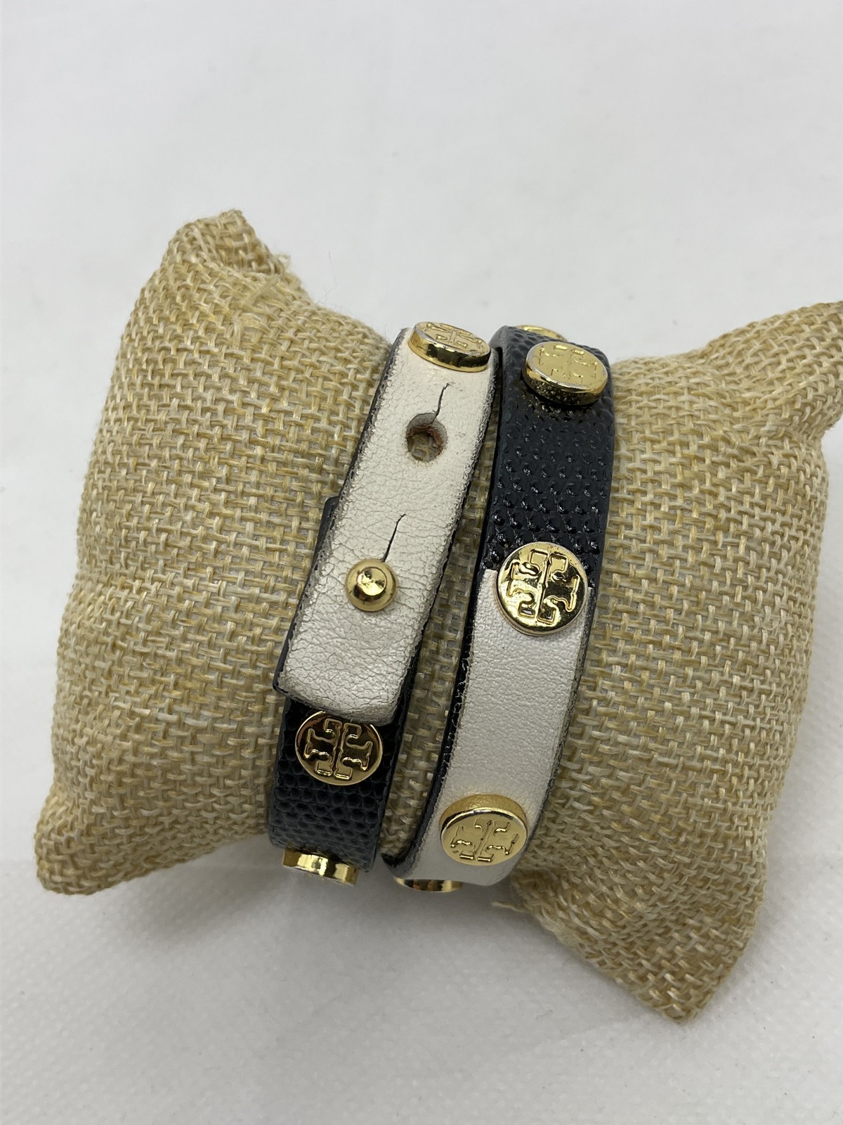 Tory Burch Black & White Logo Studded Wrap Bracelet