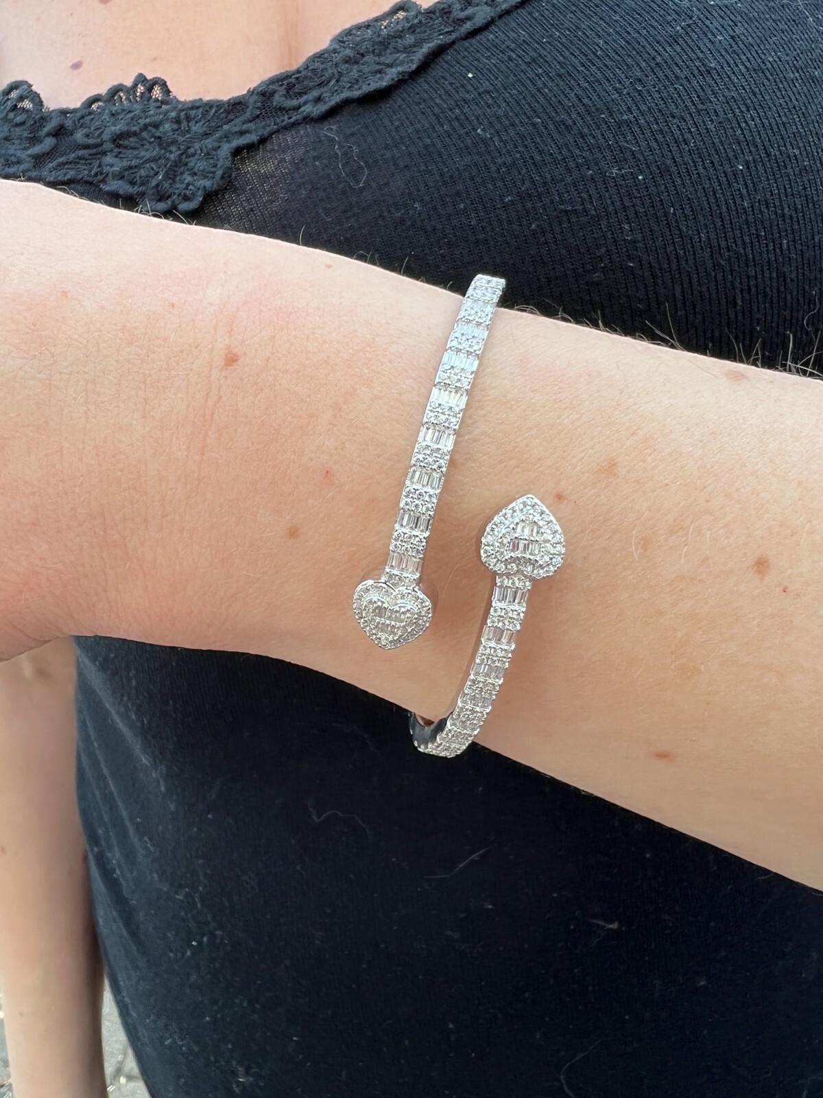 Real Solid 925 Silver Iced Baguette Heart Bangle Cuff Bracelet 6-7.5″ CZ