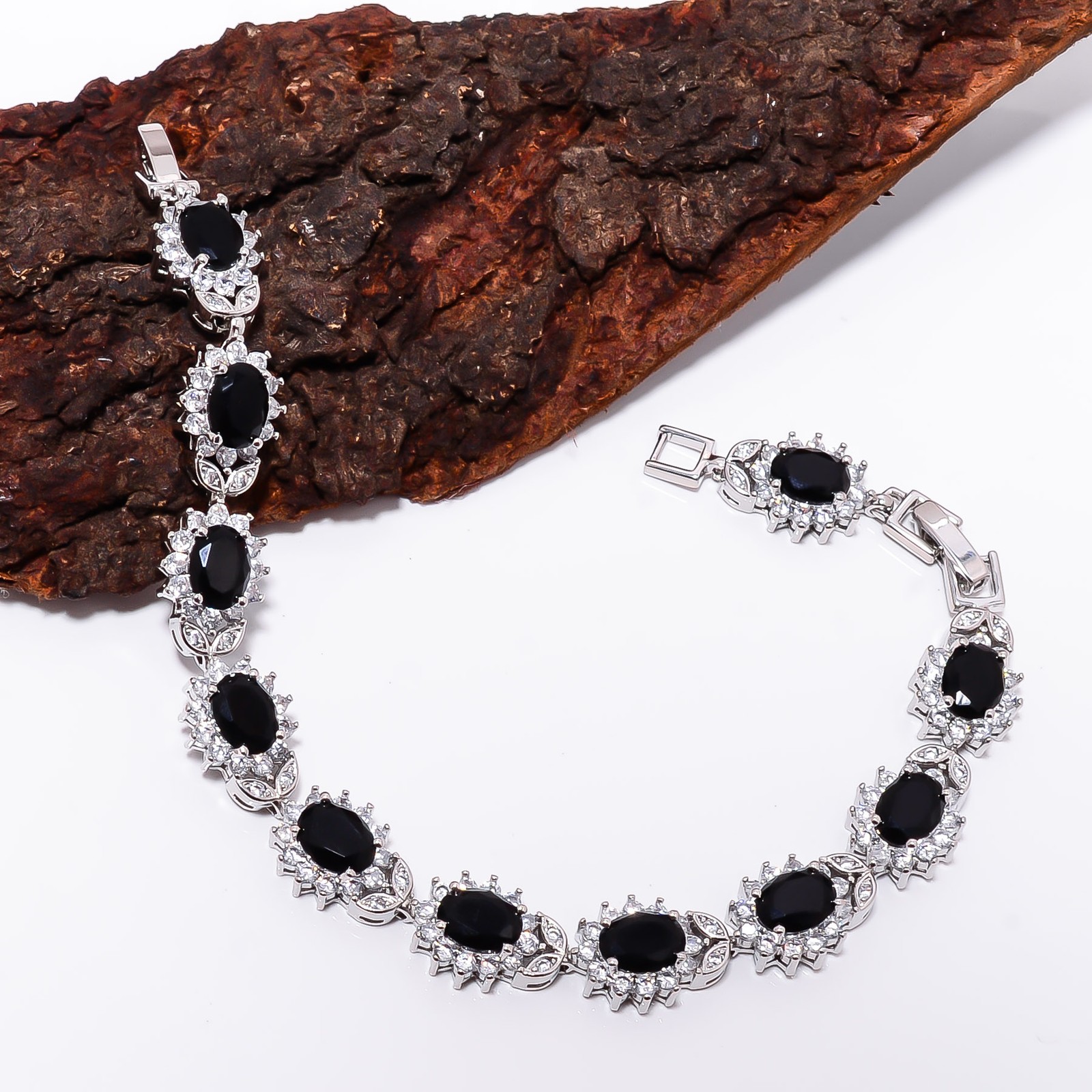 Black Onyx, CZ 925 Sterling Silver Adjustable Bracelet 7-8″ B131240