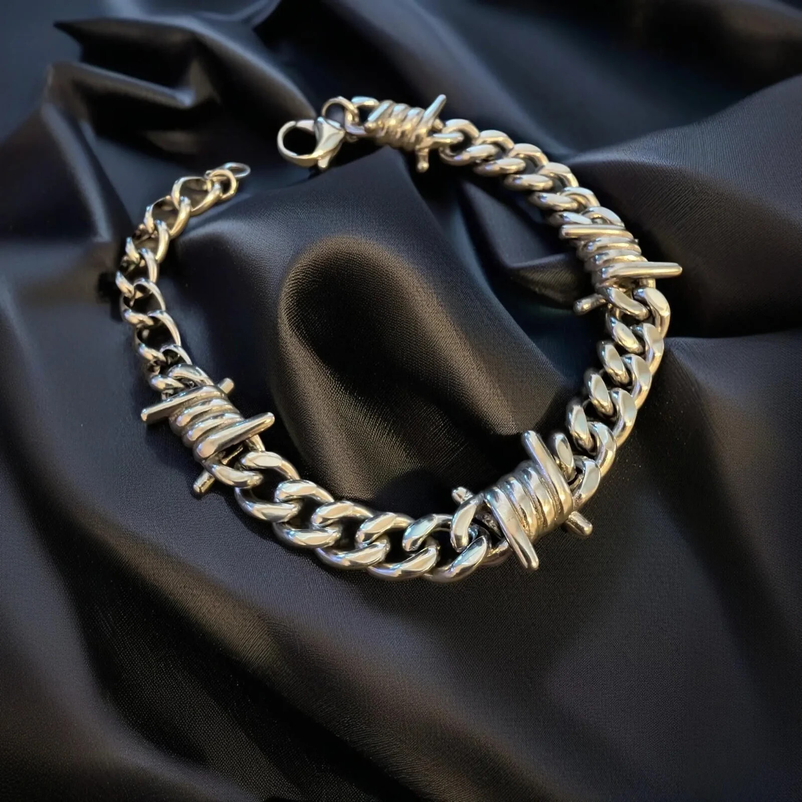 Barbed Wire Bracelet, Cuban Chain, 316L Stainless Steel, Punk Jewelry