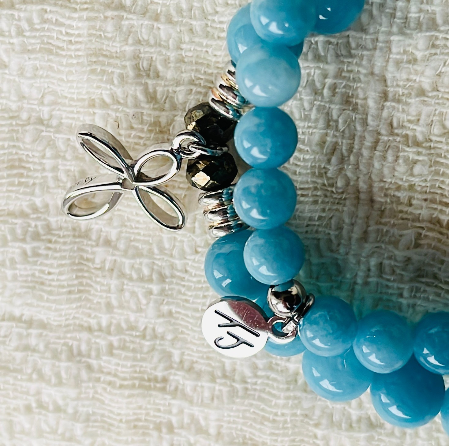 T. Jazelle Silver Charm Aqua Amazonite Stretch Bracelet Set of 2, 6 -7 inch NEW!