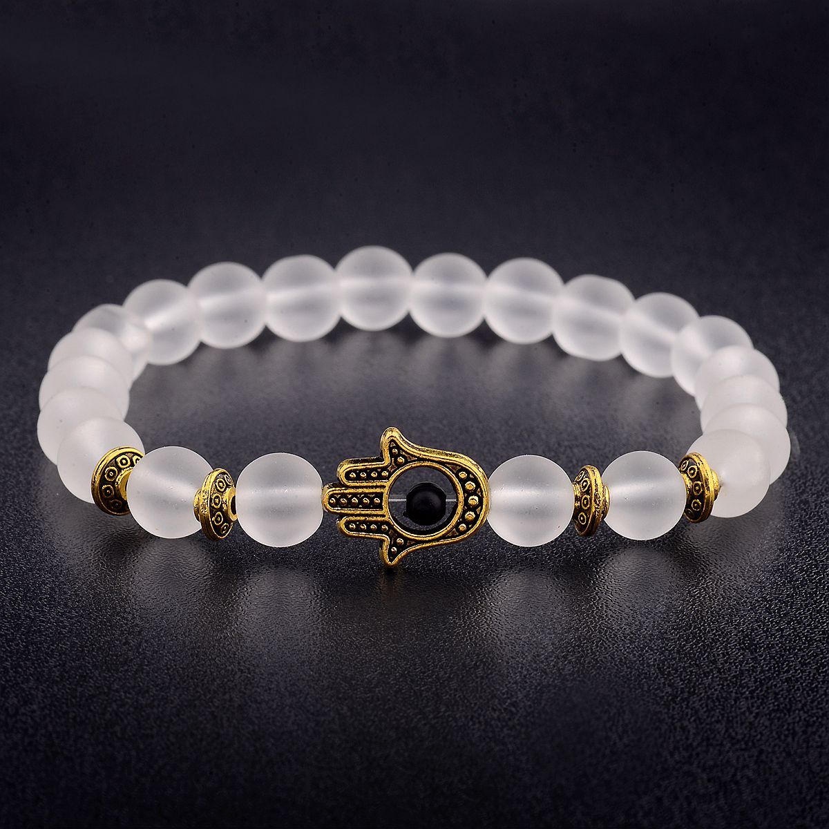 Man’s Gold Silver Hamsa Hand White Transparent Stone Beads Women Lucky Bracelets