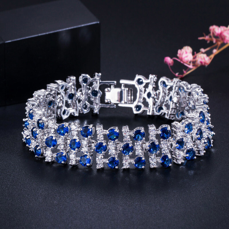 Silver Plated Wedding Blue Cubic Zirconia Wide Tennis Bracelet for Women Jewelry