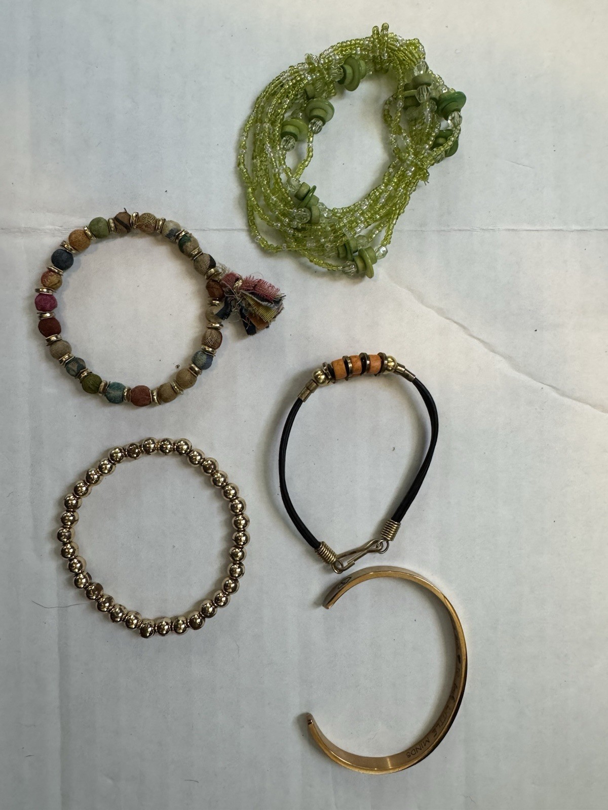 Lot Of 5 Bracelets In Green/gold/tan Inspirational Quote Beaded