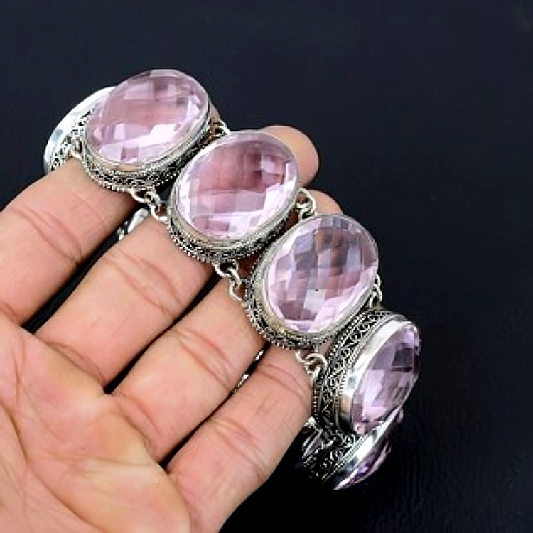 Kunzite Silver Bracelet 925 Sterling Silver Bracelet Handmade Gemstone Bracelet