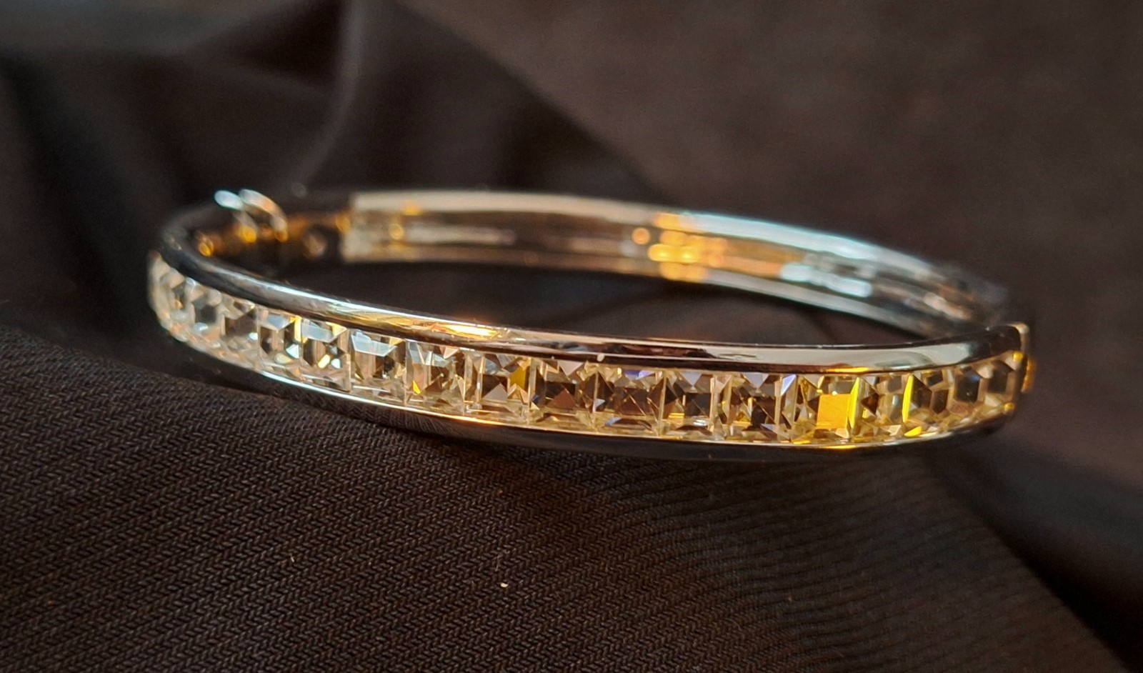 Infinity Silver Sparkling Channel Set Square CZ Hinged Bangle