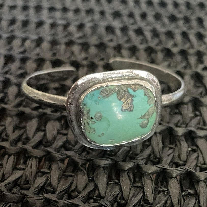 Sterling Silver Turquoise Cabochon Bezel Open Cuff Bracelet Sizable