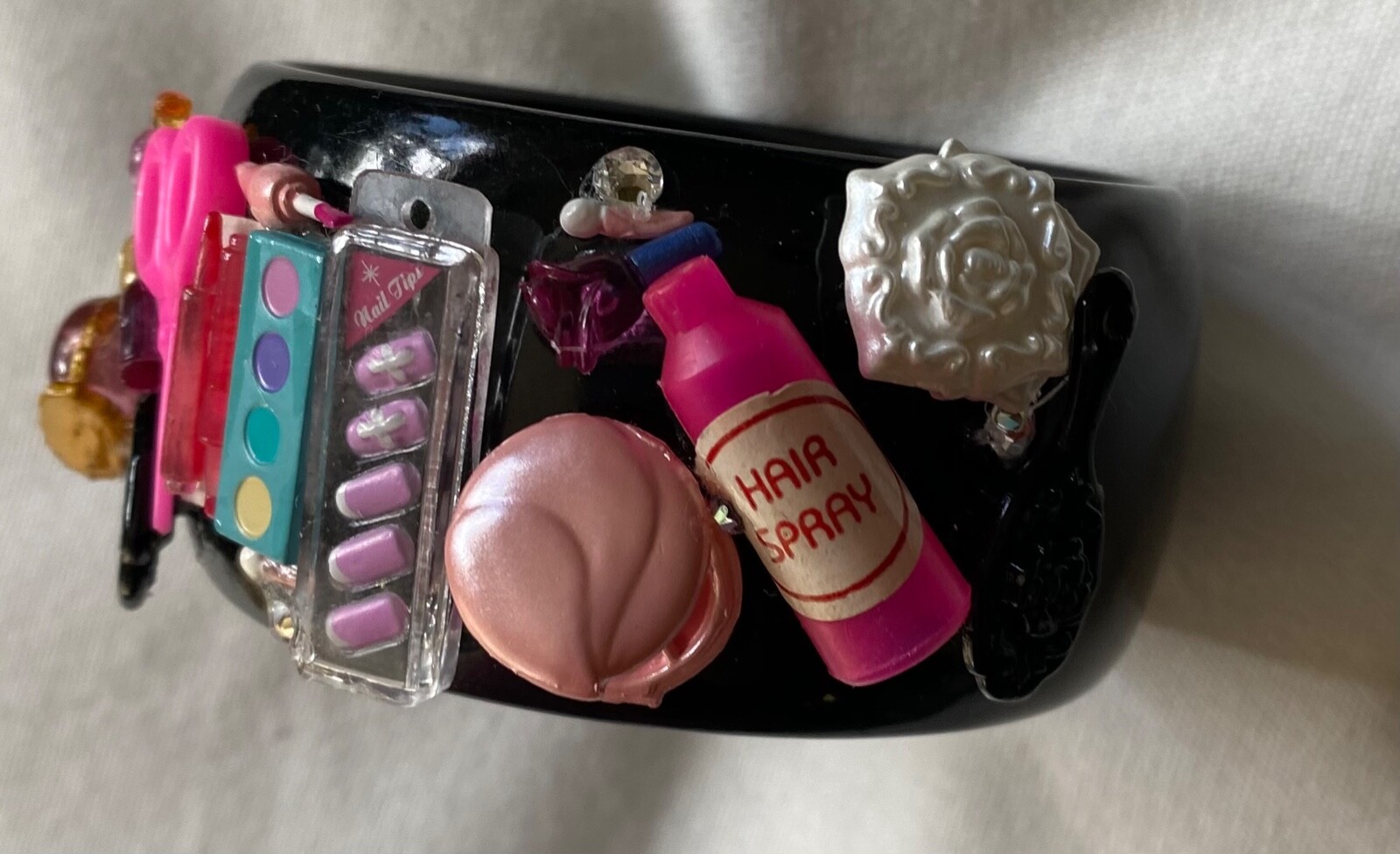 Bracelet charms cosmetics lip eyes hair nails I’m So Girly ooak bangle perfume
