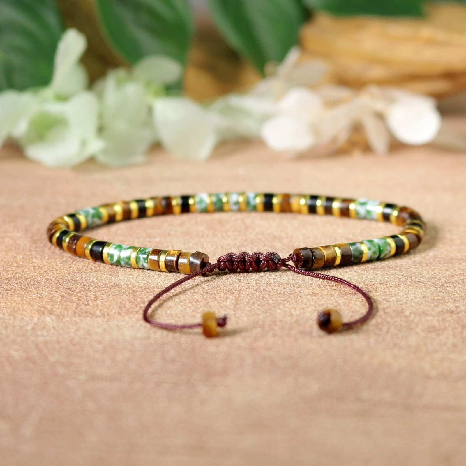 Green Spot Jasper & Tiger Eye Tube Beads Healing Dainty Women Men Lucky Bracelet