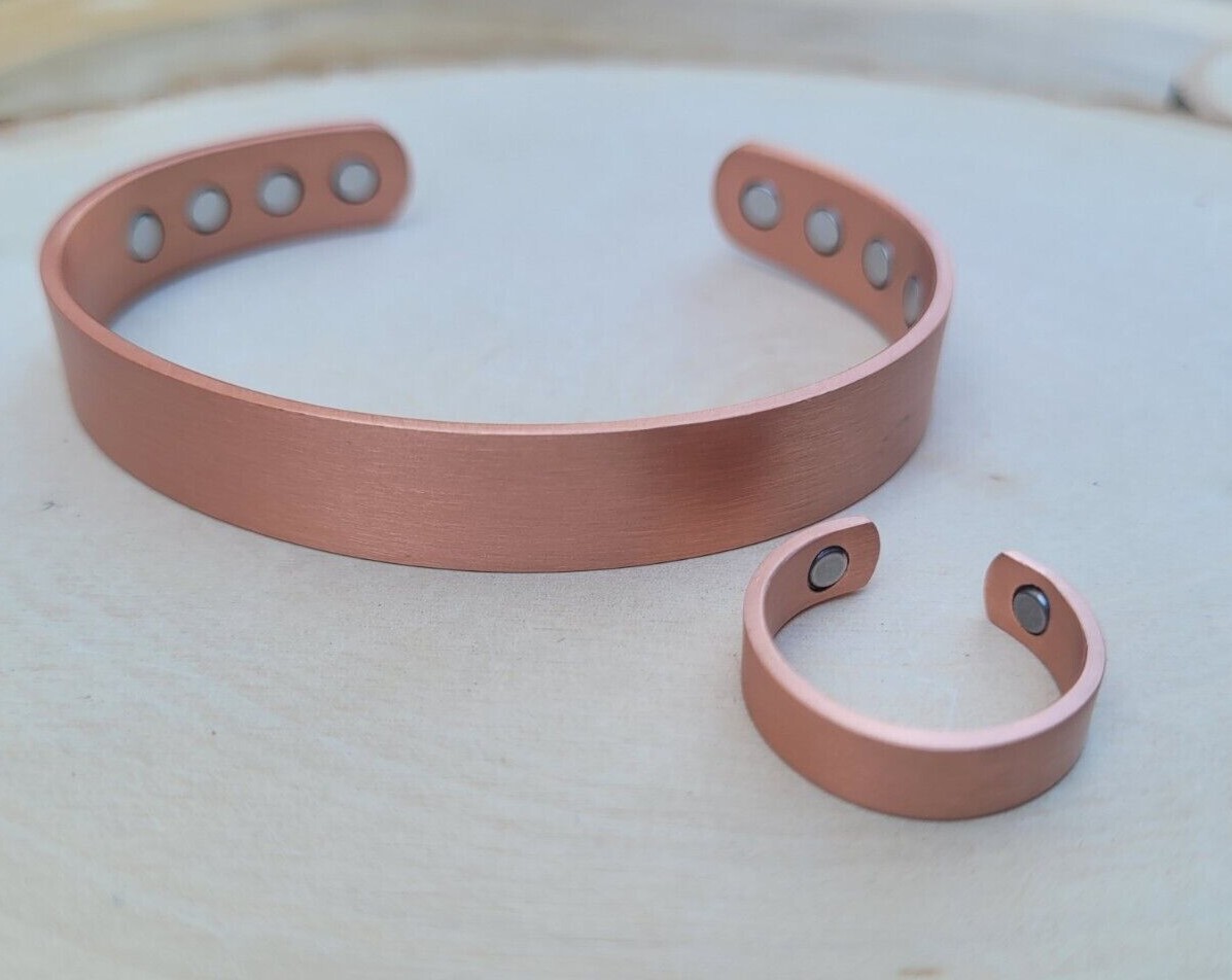 Matte Solid Copper Magnetic Engravable Bracelet Ring Set Arthritis Cuff Ring Set