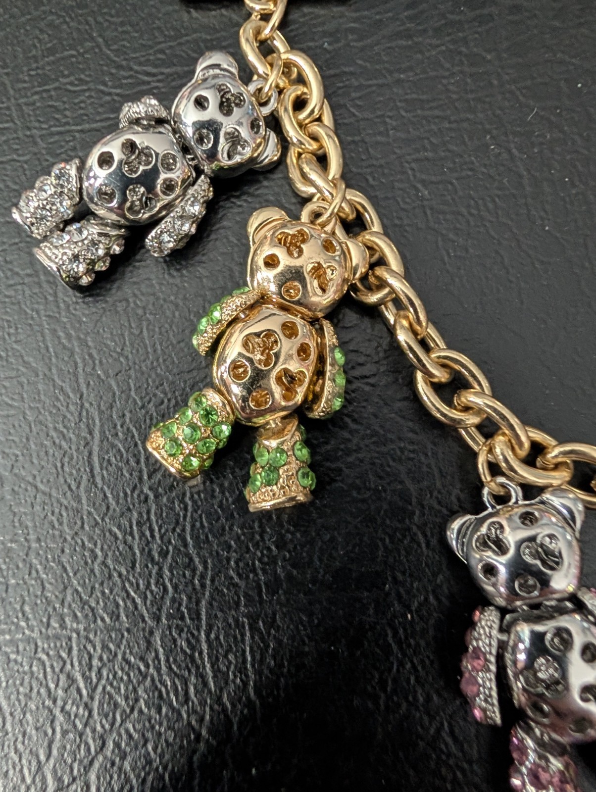RARE Off Park R Collection Jointed Teddy Bear Charms Bracelet Gold & Silver Pave