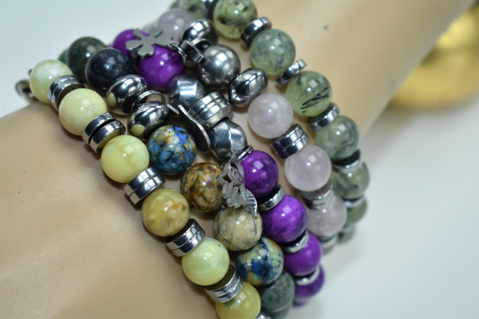 10mm Chrysocolla, Lapis Lazuli & Hematite beaded bracelet (optional charm)