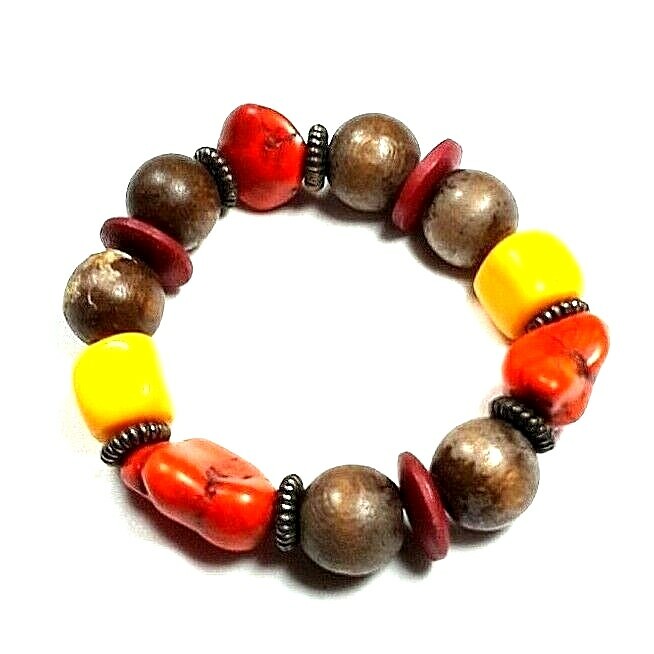 Beaded Wooden Stone Stretch Bracelet Brown Orange Yellow EUC