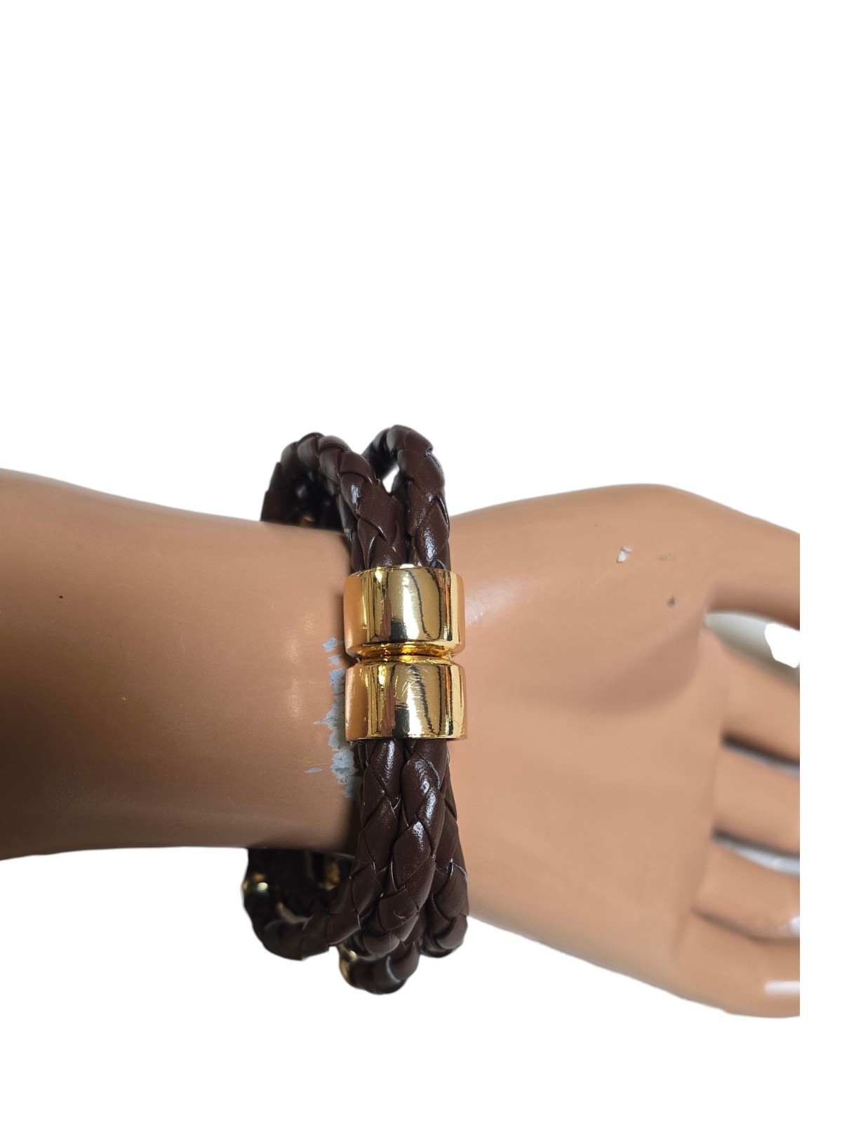 Women’s Trendy Brown Faux Leather Multi Layered Resin Gold Plated Bracelet